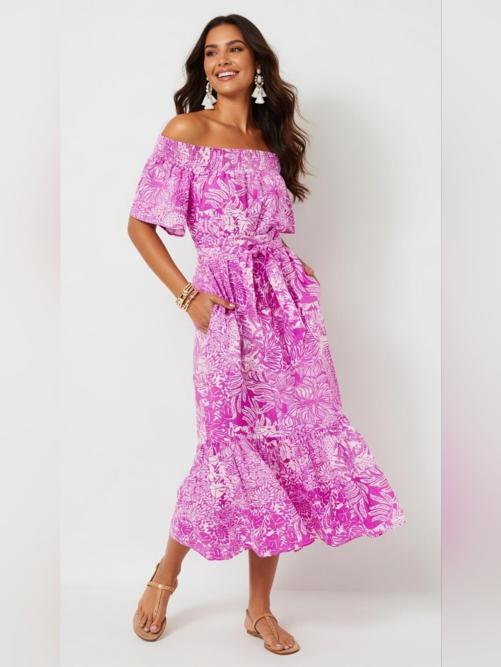 NWT Lilly Pulitzer Isbell Off-The-Shoulder Midi in Wild Fuchsia Swipe Right XS